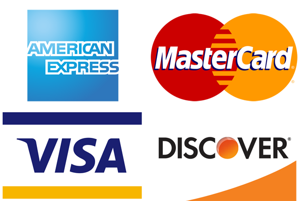 We Accept American Express, Mastercard, Visa and Discover